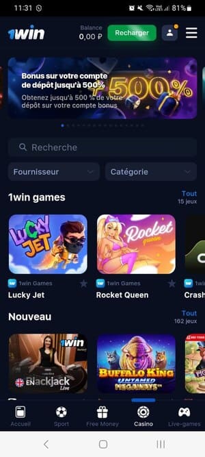 Jeux de Casino sur l'Application 1Win